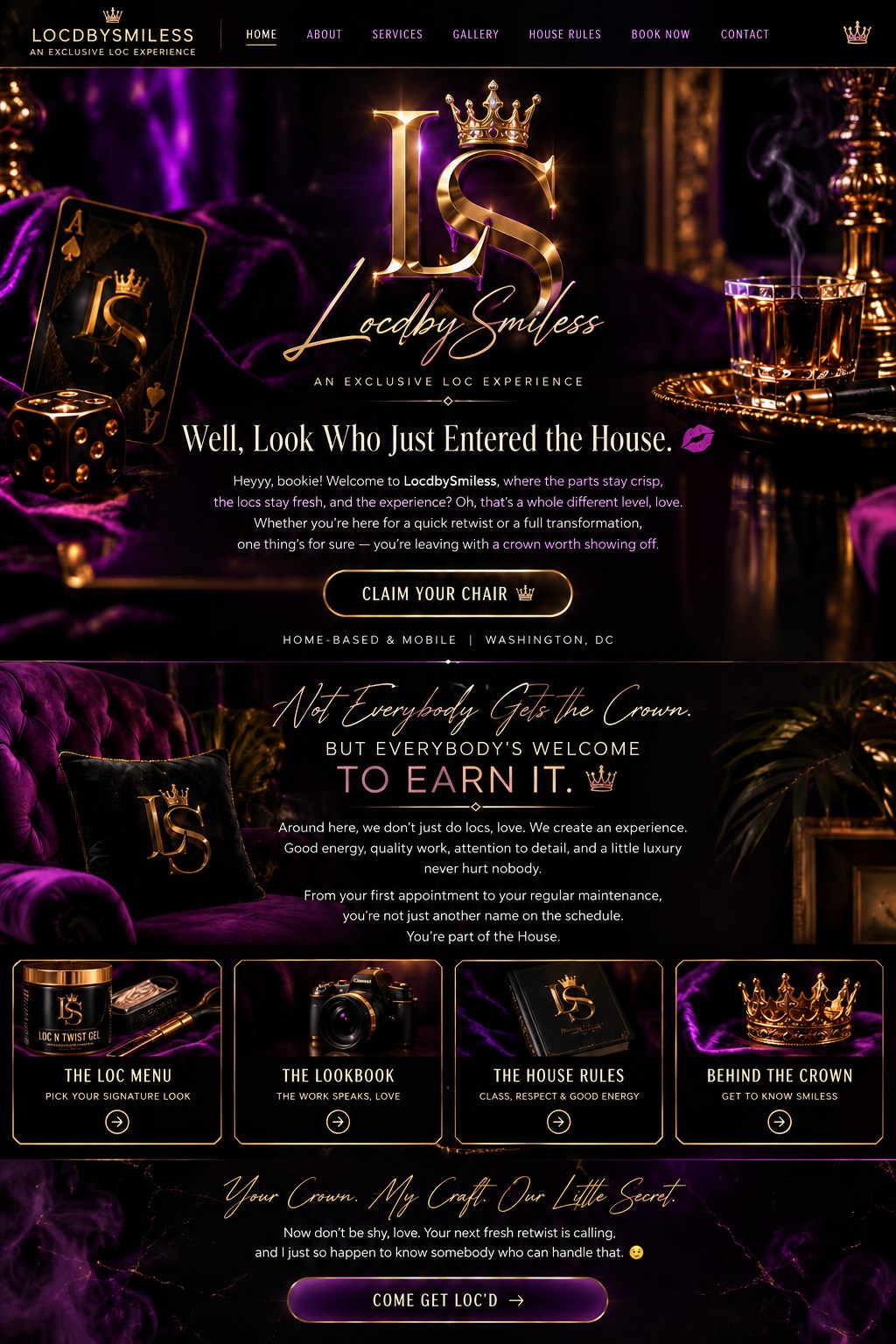LocdbySmiless luxury home page with purple velvet, gold and black marble